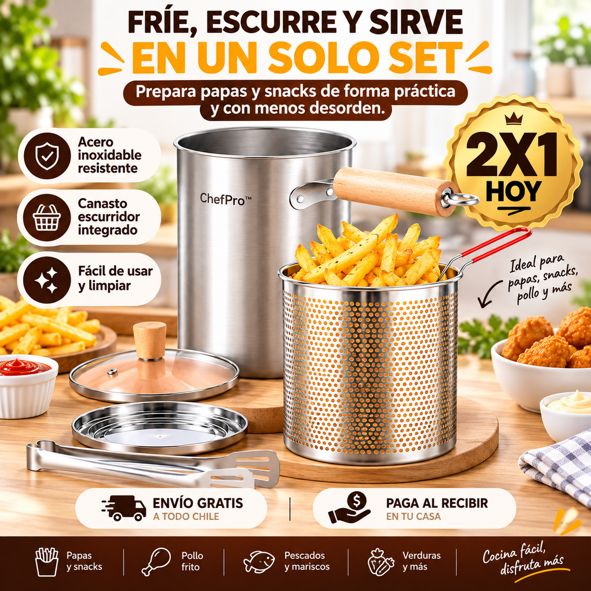 ChefPro™ | Olla Freidora con Canasto Escurridor | 50% 2da unidad
