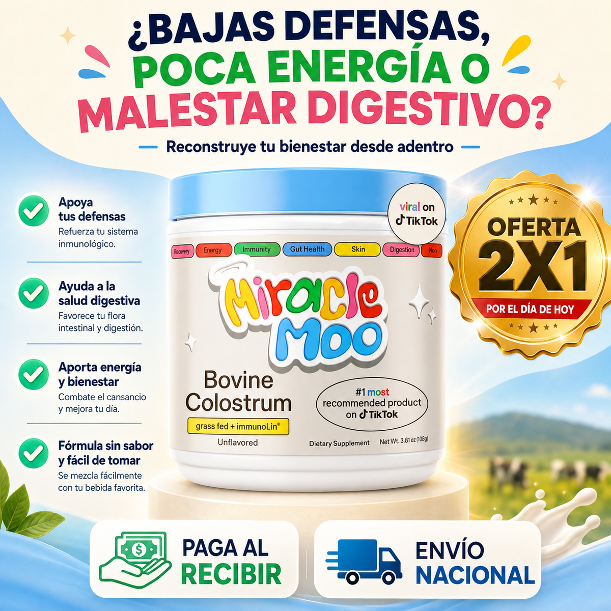 Miracle Moo Pro - Suplemento de Calostro 2x1– Fortalece la inmunidad y salud intestinal