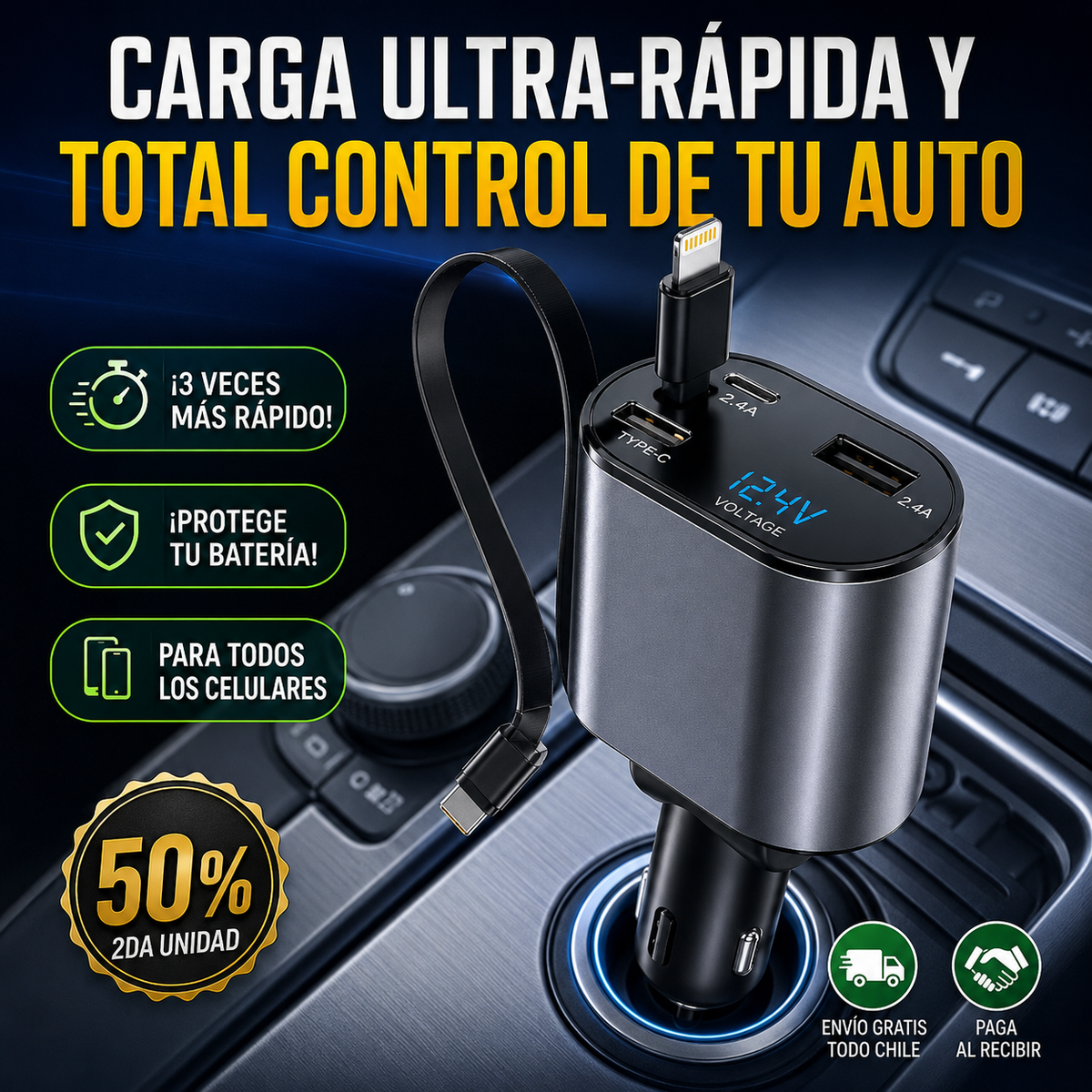 Powerdrive Pro – Cargador múltiple de auto 4 en 1