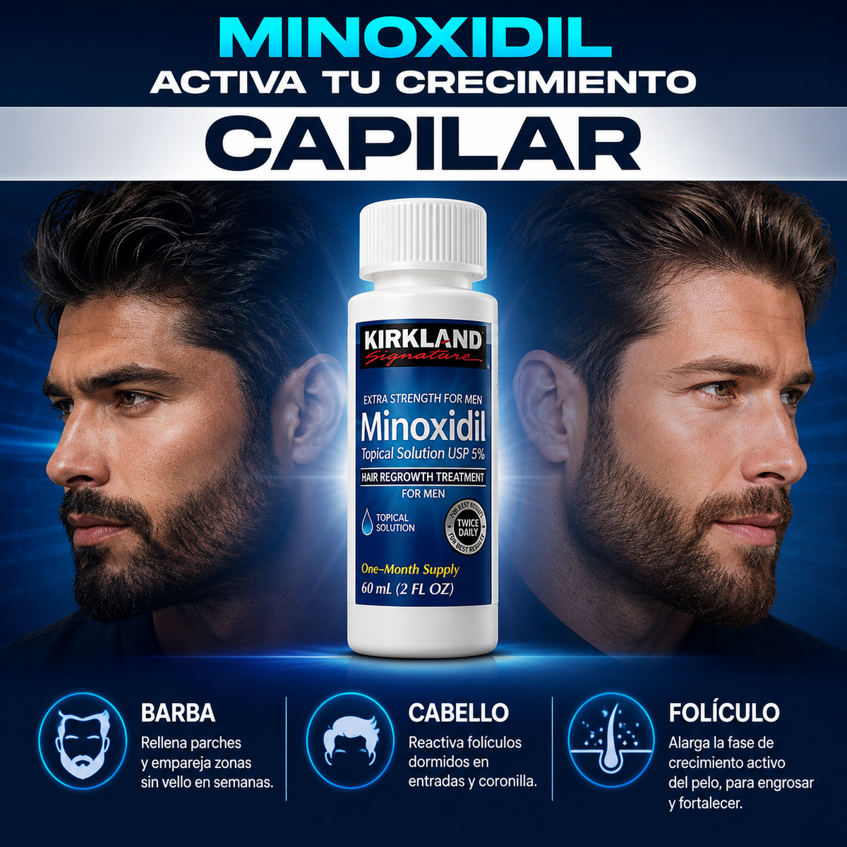 Minoxidil Kirkland + Dermaroller | Pack Cuidado Capilar para Cabello y Barba